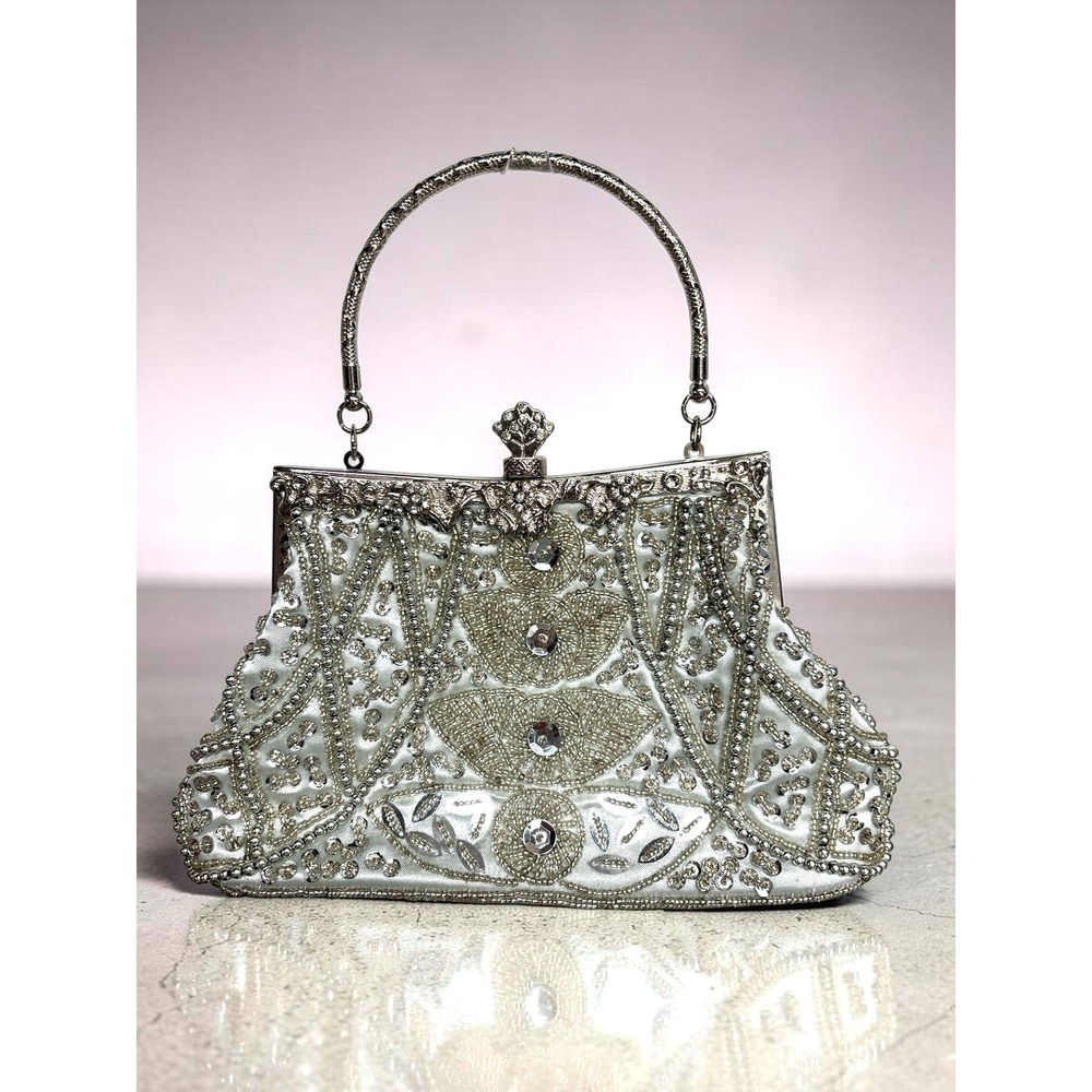VTG Geometric Handcrafted Beaded Embroidery Silver Clutch Evening Bag W/ Chain